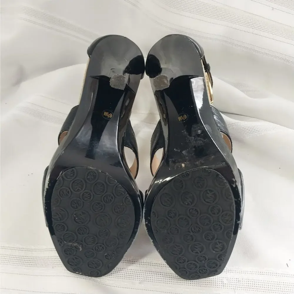 MICHAEL KORS! RICH BLACK GENUINE LEATHER, HARNESS FRONT/BUCKLE HEELS! SZ 6.5M